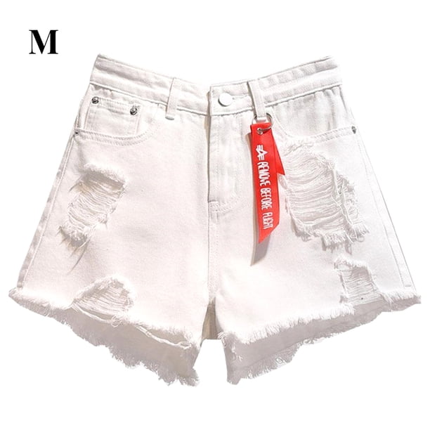 Pantalones cortos de mujer Jeans Pantalones cortos con dobladillo deshilachado Agujeros destruidos de cintura alta, Blanco, M Vogacara AP001525-12B