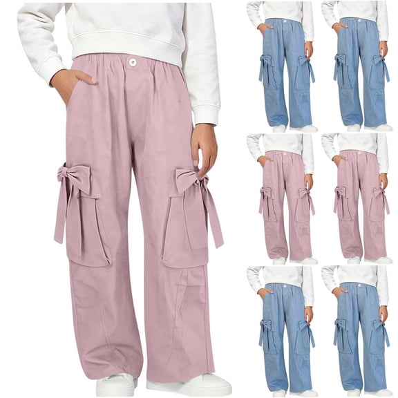 HAOTAGS Girls Cargo Pants (5-16) Elastic Waist Bow Decor Loose Wide Leg Casual Trousers Sky Blue Size 11