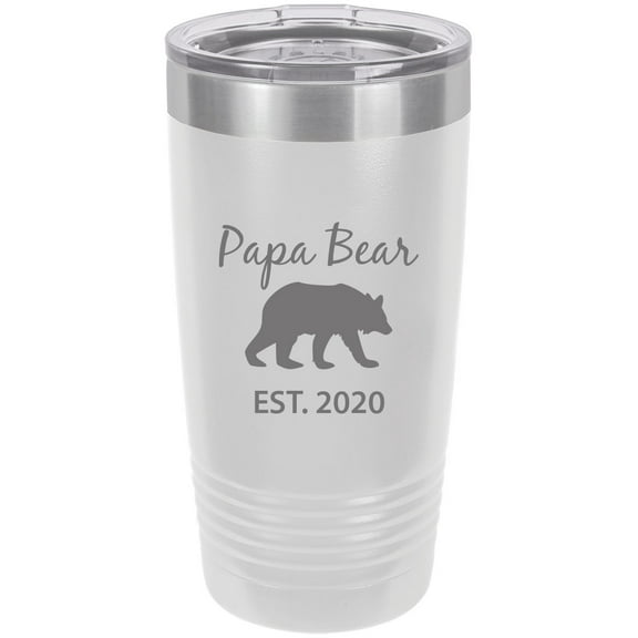 Papa Bear Established Est. 2020  Established Est. 2019  Stainless Steel Engraved Insulated Tumbler 20 Oz Travel Coffee Mug, White
