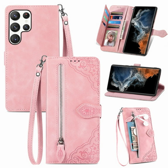 Tarise for Samsung S23 Ultra Wallet Case for Men Women, Galaxy S23 Ultra 5G Cover, Embossed PU Leather Magnet Buckle Card Slots Zipper Pocket Lanyard Wrist Strap Handbag All-inclusive Case, Pink
