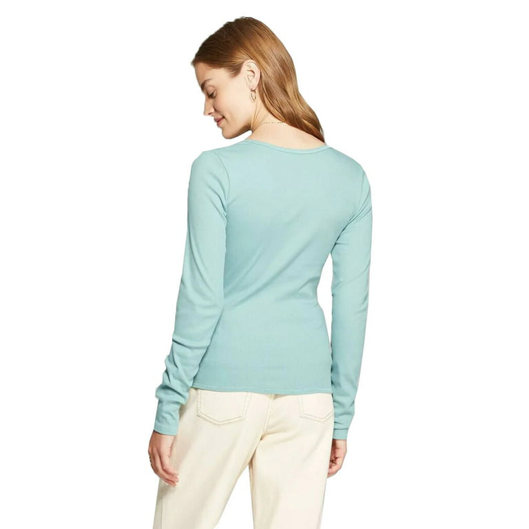 Wild Fable Women's Long Sleeve Ribbed Henley T-shirt, Teal Blush