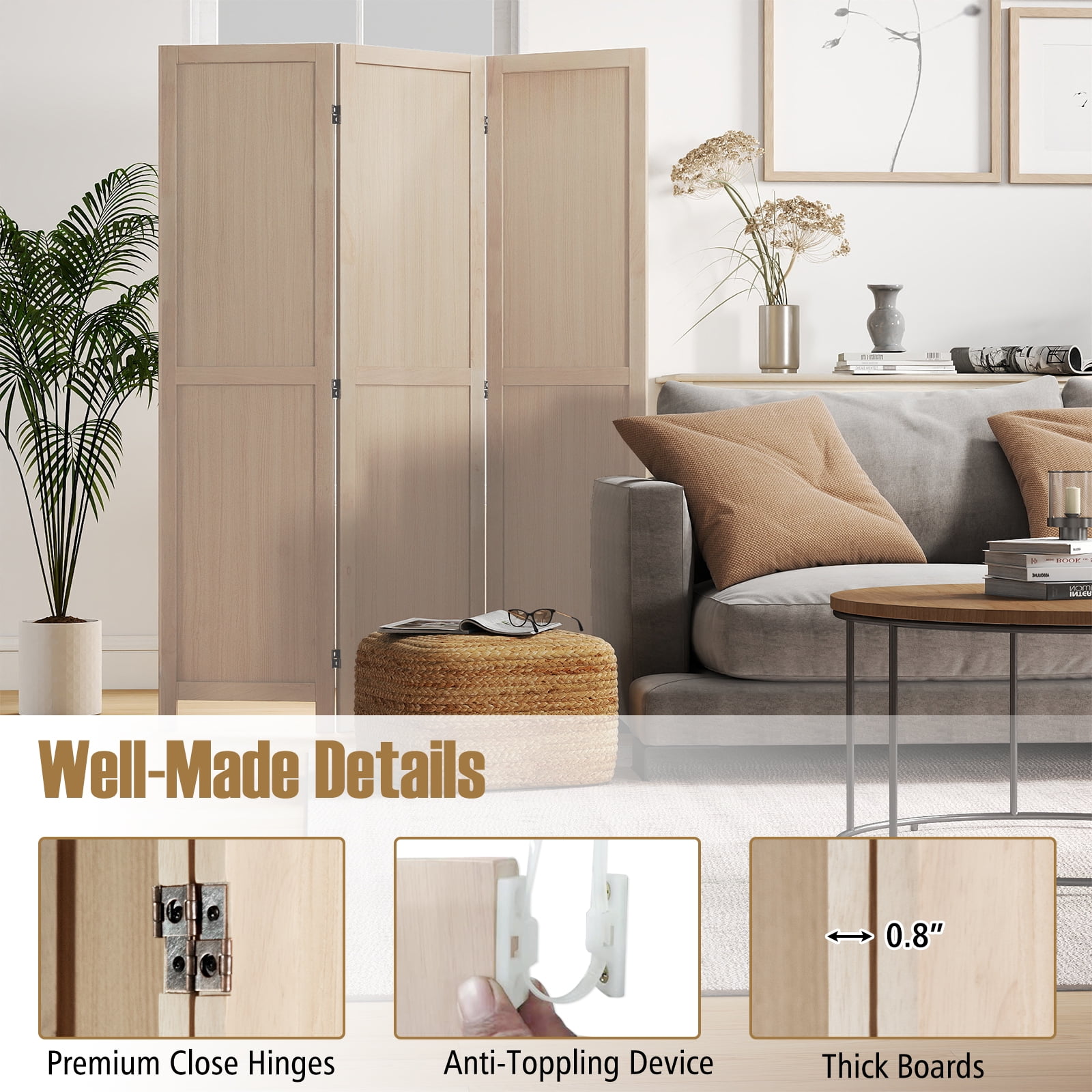 Gymax 3 Panel Folding Room Divider 67''Rubber Wood Privacy Screen for Room Separation