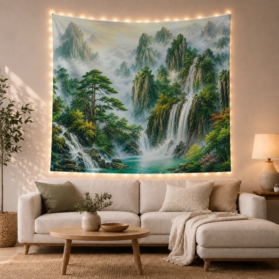 Forest Mountains with Cascading Waterfalls in Misty Valley, Mystical Illustration for Nature Lovers, Scenic Wall Art Decor, Housewarming Gift, Tapestry Wall Hanging for Bedroom and Living Room