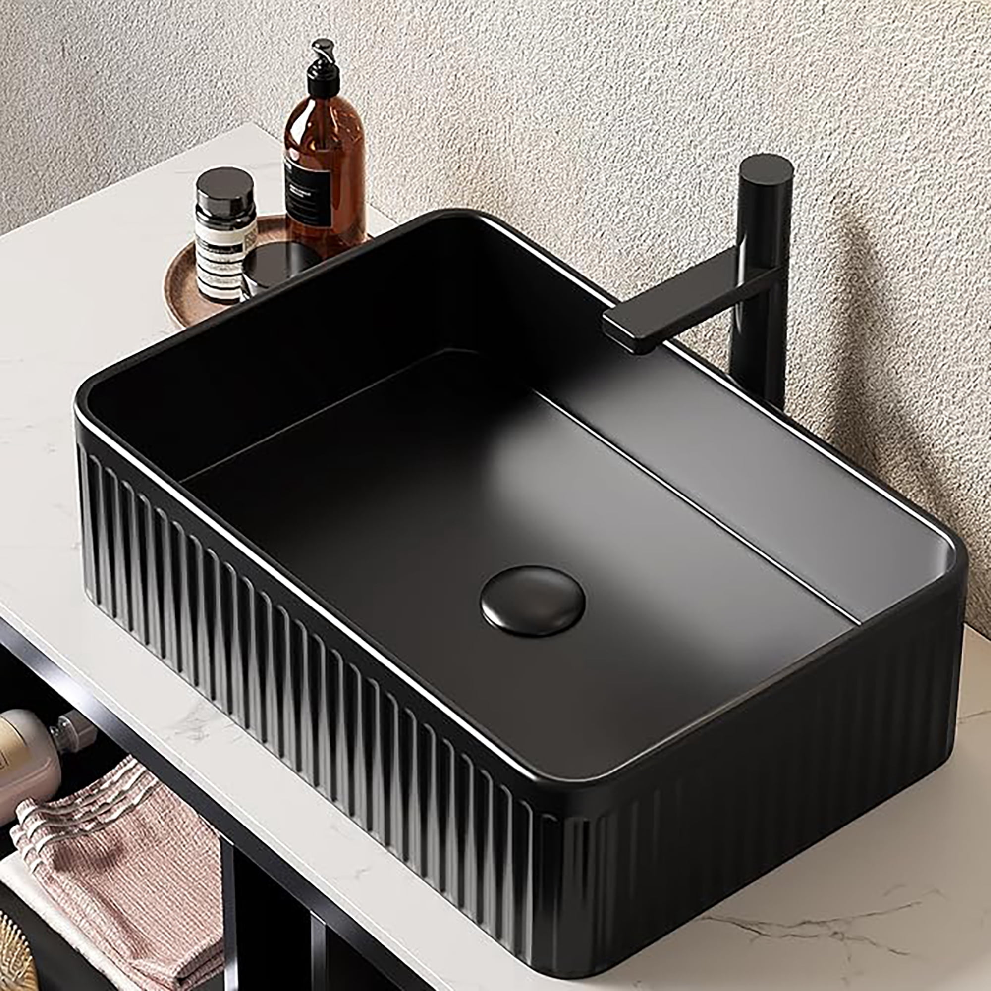 Wohh 20" Rectangular Bathroom Sink Black Ceramic Vessel Vanity Basin with French Stripe Design, 19.69"x13.39"x5.12" Countertop Porcelain Sink for Modern Home & Commercial Use