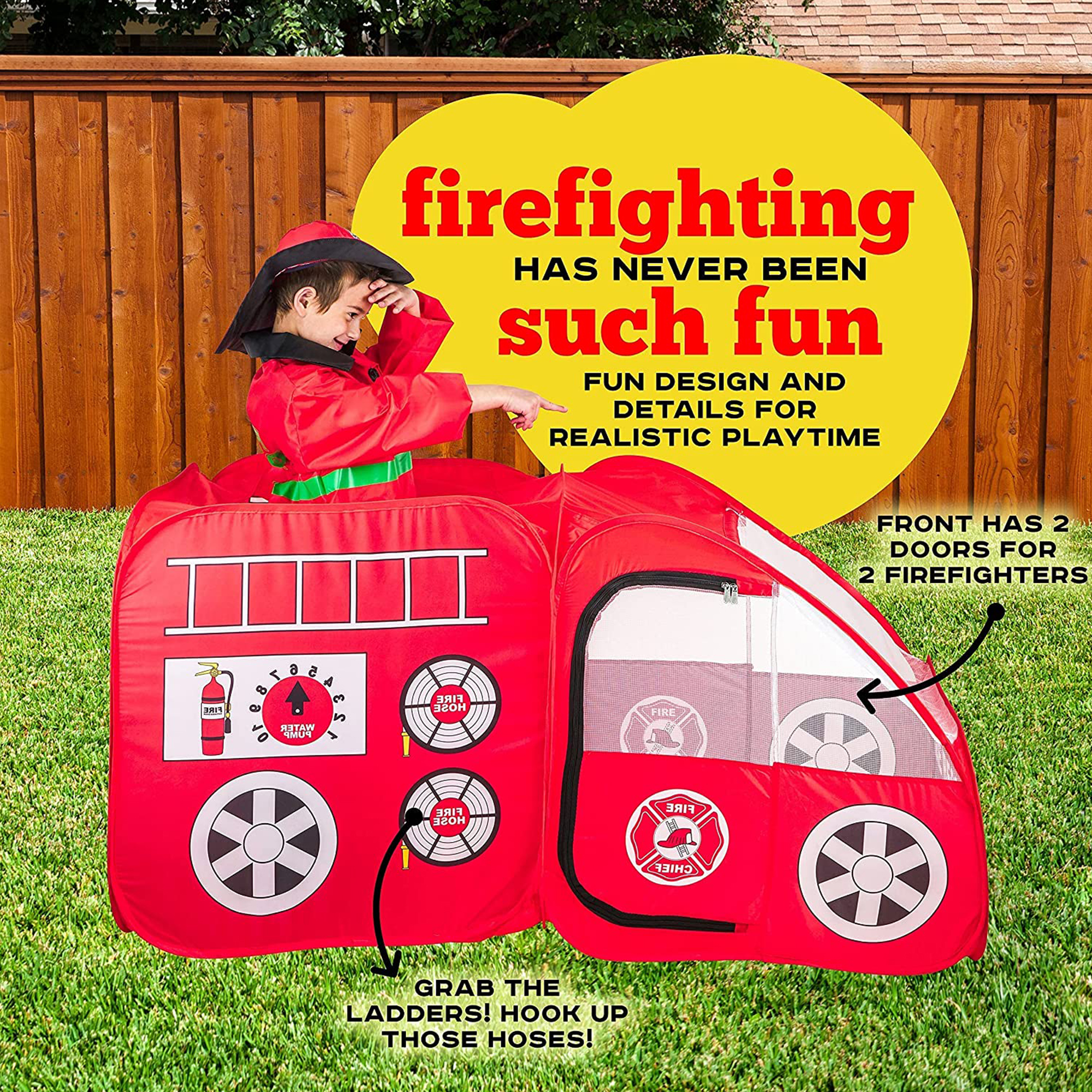 Kiddzery Pretend Playhouse Fire Truck Pop Up Play Tent for Kids with Siren Sound, Red - image 5 of 9