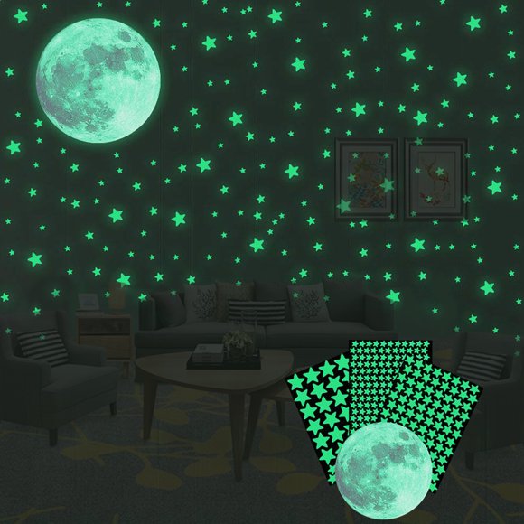 Glow in The Dark Stars Wall Decal Stickers for Ceiling 334Pcs Moon and Stars Starry Sky Glow Wall Stickers Luminous Mural Wall Decals for Kids,Decorations for Bedroom, 1 Moon + 333 Stars