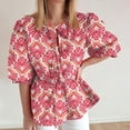 thumbnail image 2 of RQYYD Tie Front Tops for Women Leopard Print Peplum Babydoll Top 3/4 Length Puff Sleeve Coquette Tops Cute Going Out Tops, 2 of 6