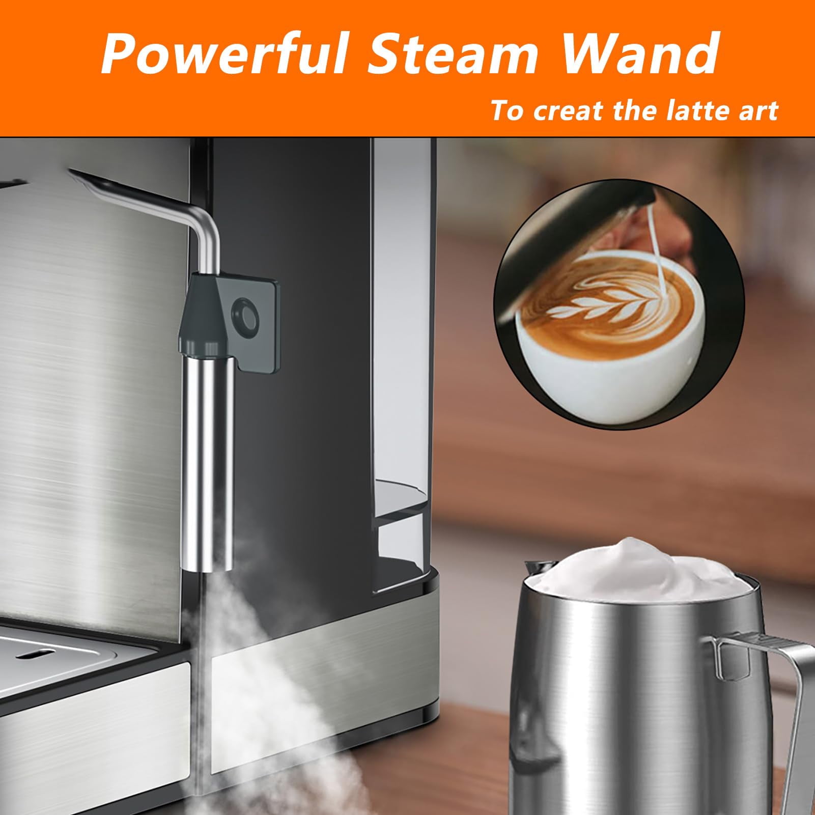 Home compact professional 20-bar espresso machine with milk frother, steam wand, pressure gauge, 54-ounce water tank, fast and powerful coffee maker