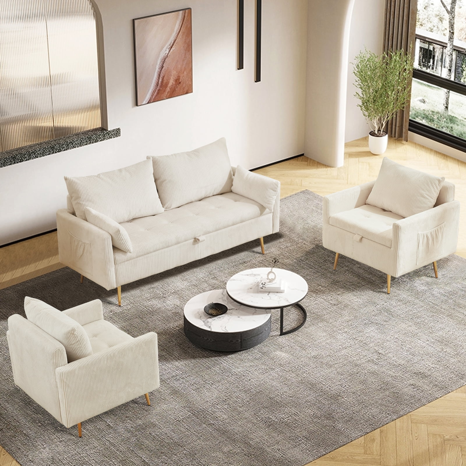 Furniliving Loveseat Sofa with Storage, Modern Upholstered Love Seat, Comfy Sofa Couch for Living Room, Bedroom, Beige