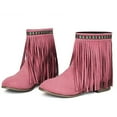 thumbnail image 4 of Chenyee Vintage Fringe Wide Calf Ankle Boots for Women Block Heel Casual Suede Slip On Mid Calf Booties, 4 of 5