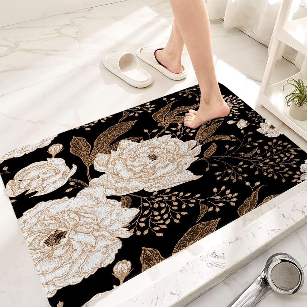 Black and Gold Bathroom Rugs, Dark Roses Leaves Botanical Aesthetic Boho Floral Bath Mat, Vintage Rose Gold Flowers Unique Chic Outdoor Rug, Soft Non Slip Floor Rugs for Living Room Doormat, 17x29