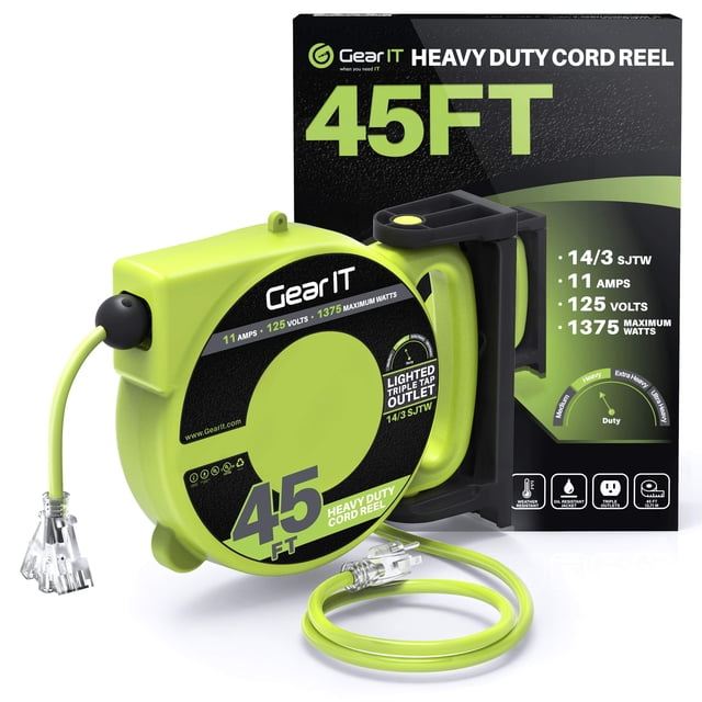 Carrete enrollacables GEARit de 13,7 m, 14 AWG, 3 tomacorrientes, LED