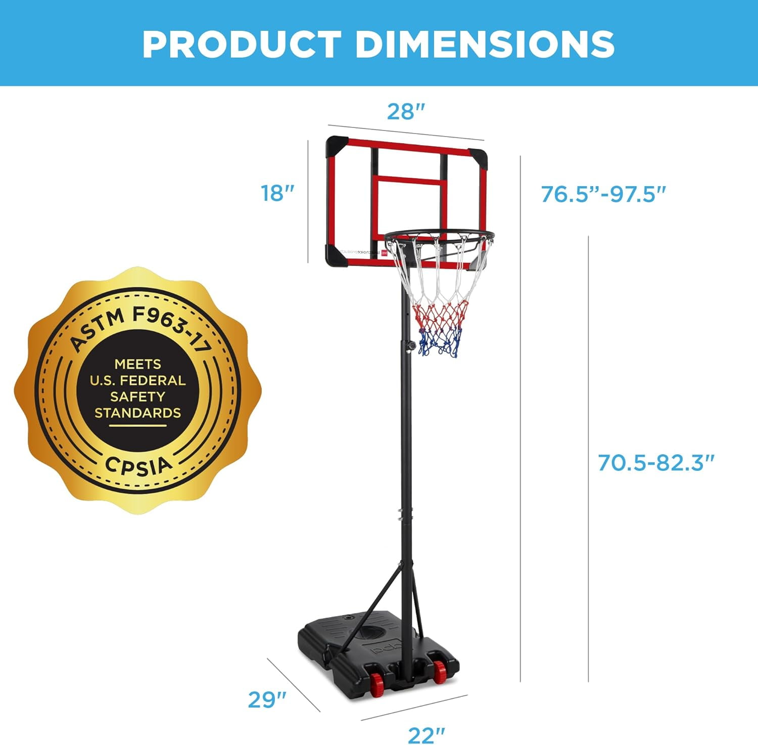 JIANYI Kids Height-Adjustable Basketball Hoop System, Portable Game w/Wheels, Fillable Base, 70.5in to 82.3in Height