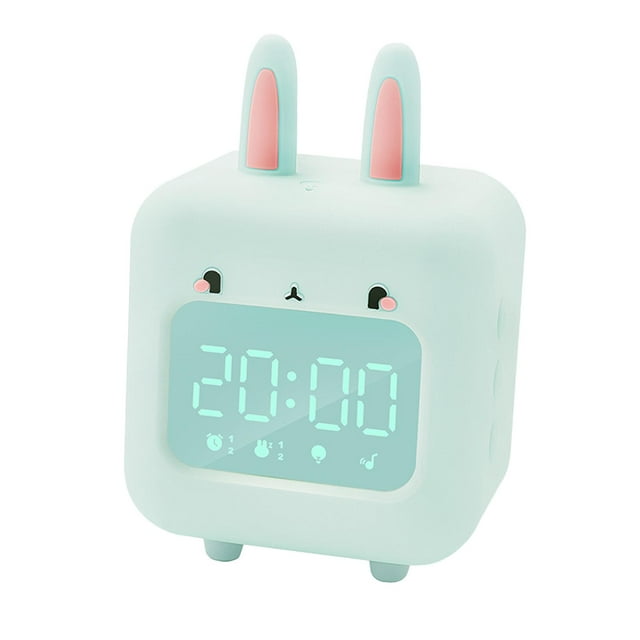 Reloj despertador con forma de conejito, herramientas para mesa de despertador, relojes de escritorio, luz nocturna, alarma musical Verde