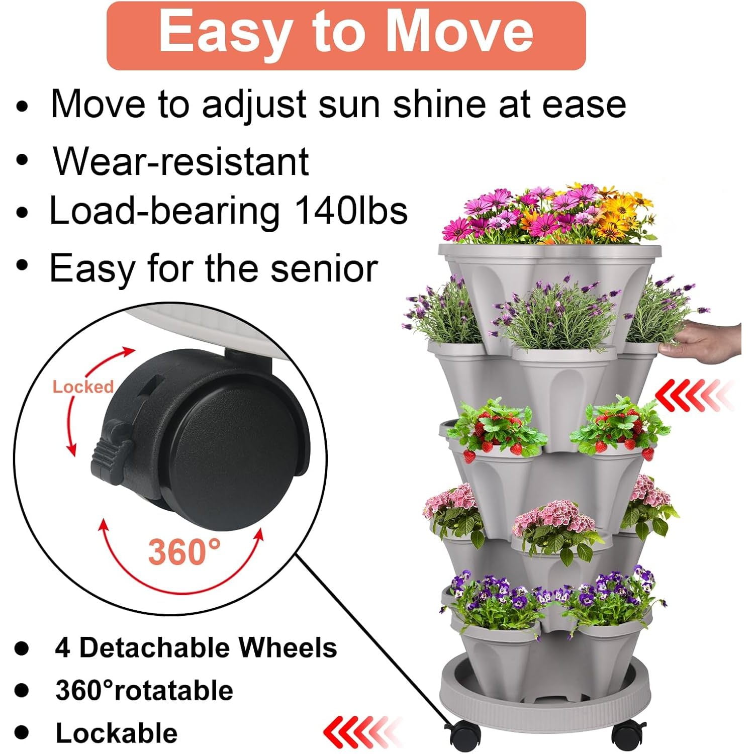 Vertical Planter 5 Tier Stackable Planters Garden Planters Strawberry Herb Flower and Vegetable Planter Indoor Outdoor Gardening Pots with Removable Wheels and Tools