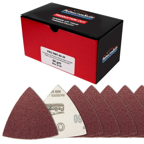 ProductionShop Premium 60 Grit Triangle Mouse Detail Sander Sandpaper Sheets, Box of 30 - Hook & Loop, Triangular Shaped Mouse Disc Pads - Oscillating Multi-Tools - Woodworking, Sand Furniture Paint