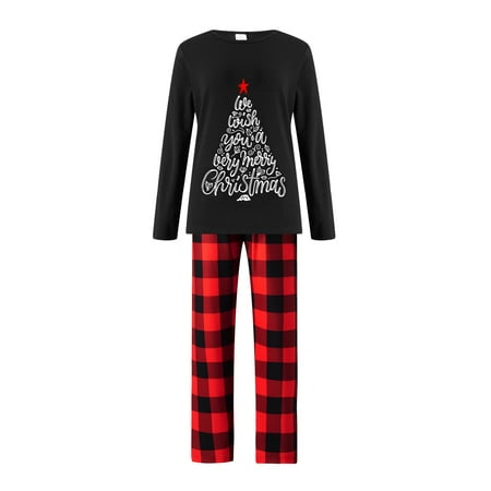 

Eyicmarn Christmas Family Matching Pajamas Set Letter Print Long Sleeve Tops and Casual Loose Plaid Pants Sleepwear