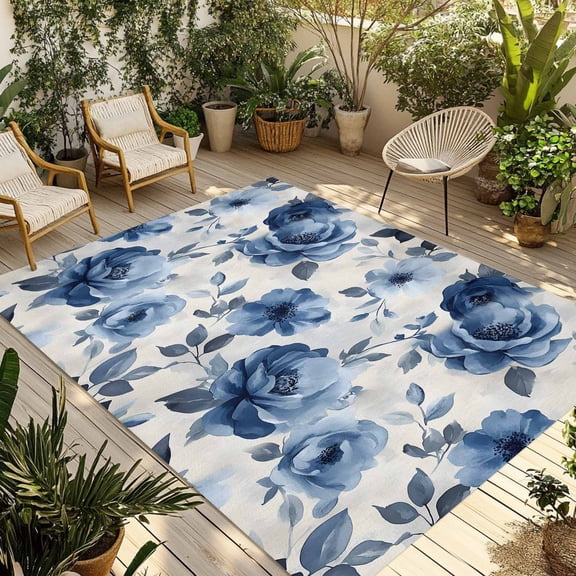 Fsddascl Blue Floral Outdoor Rug for Patio/Deck/Porch, Non-Slip Large Area Rug 5 x 8 Ft, Watercolor Country Flower Pastoral Rose Indoor Outdoor Rugs Washable Area Rugs, Reversible Camping Rug Carpet