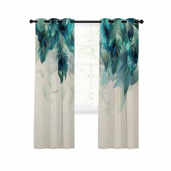Teal Feather Blackout Curtains 45 Inches Long for Bedroom, Farmhouse Feather Art Teal Ombre Thermal Insulated Room Darkening Black Out Window Curtain Panels Grommet Drapes for Living Room