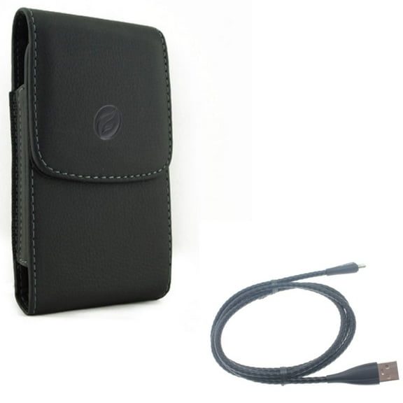 Leather Case Belt Clip w 3ft Metal USB Cable for iPhone XS X 8 7 6S 6 - Holster Cover Pouch Vertical Carry Protective, Charger Cord Power Wire Braided Sync Fast Charge