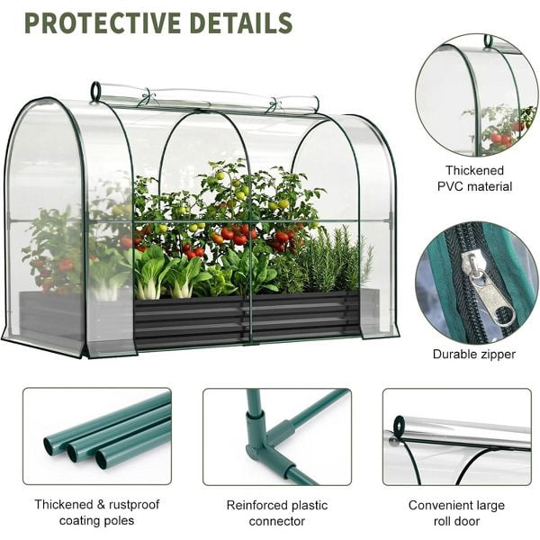 SLSY Galvanized Raised Garden Bed with PVC Cover,Metal Planter Bottomless Box w/ Roll-Up Window,Mini Greenhouse Tent for Vegetables Flower Fruit