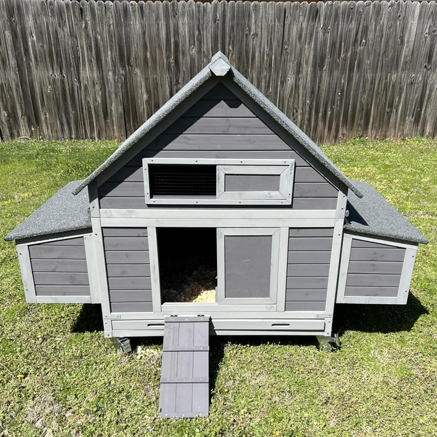 Aivituvin Large Chicken Coop with Wheels 6 Nesting Box Outdoor Mobile Hen House Wooden Poultry Cage Waterproof Asphalt Roof for 4-6 Chickens Gray