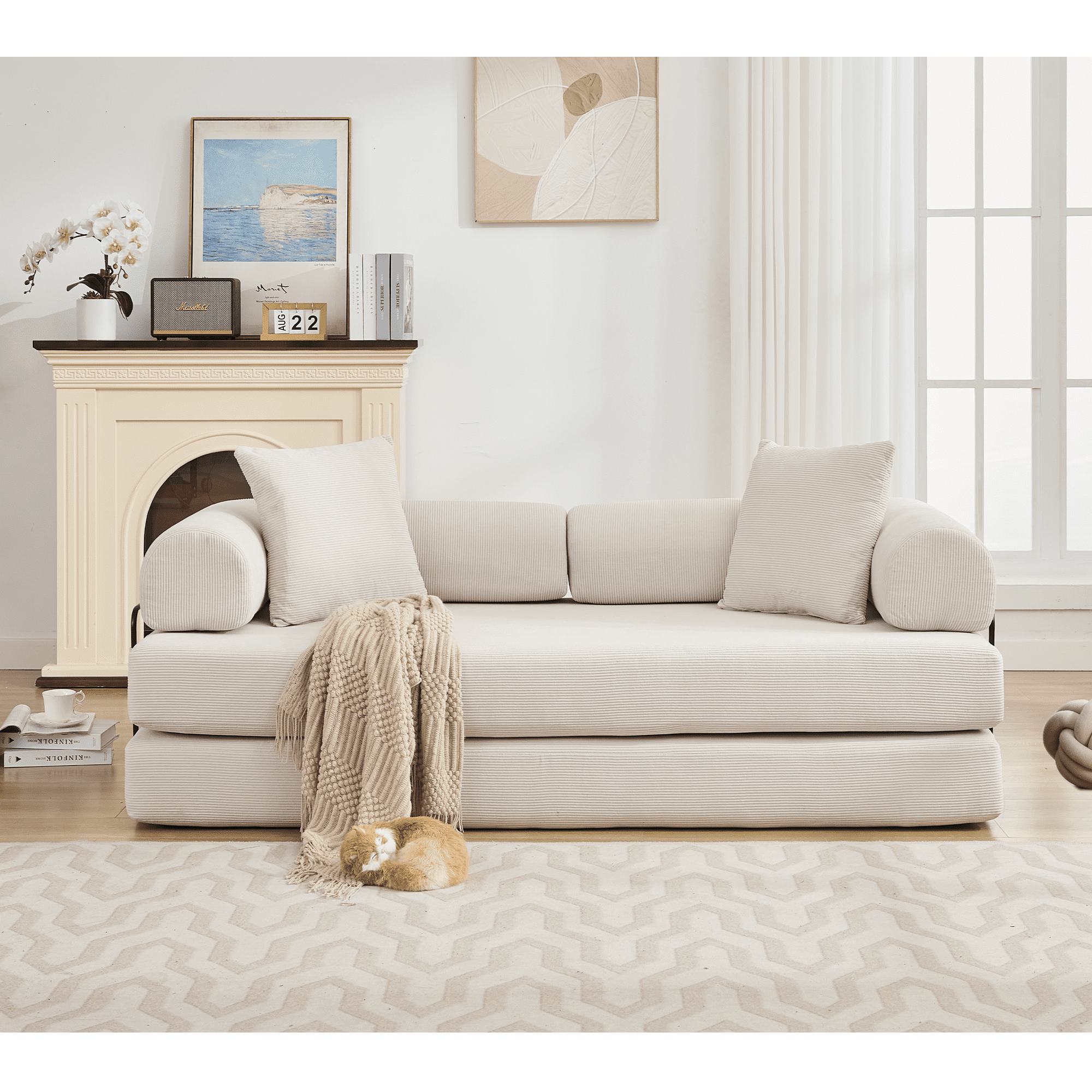 Muumblus 78" Corduroy Loveseat Cloud Sofa , Queen Size Convertible Slpper Couch Bed for Living Room, Beige