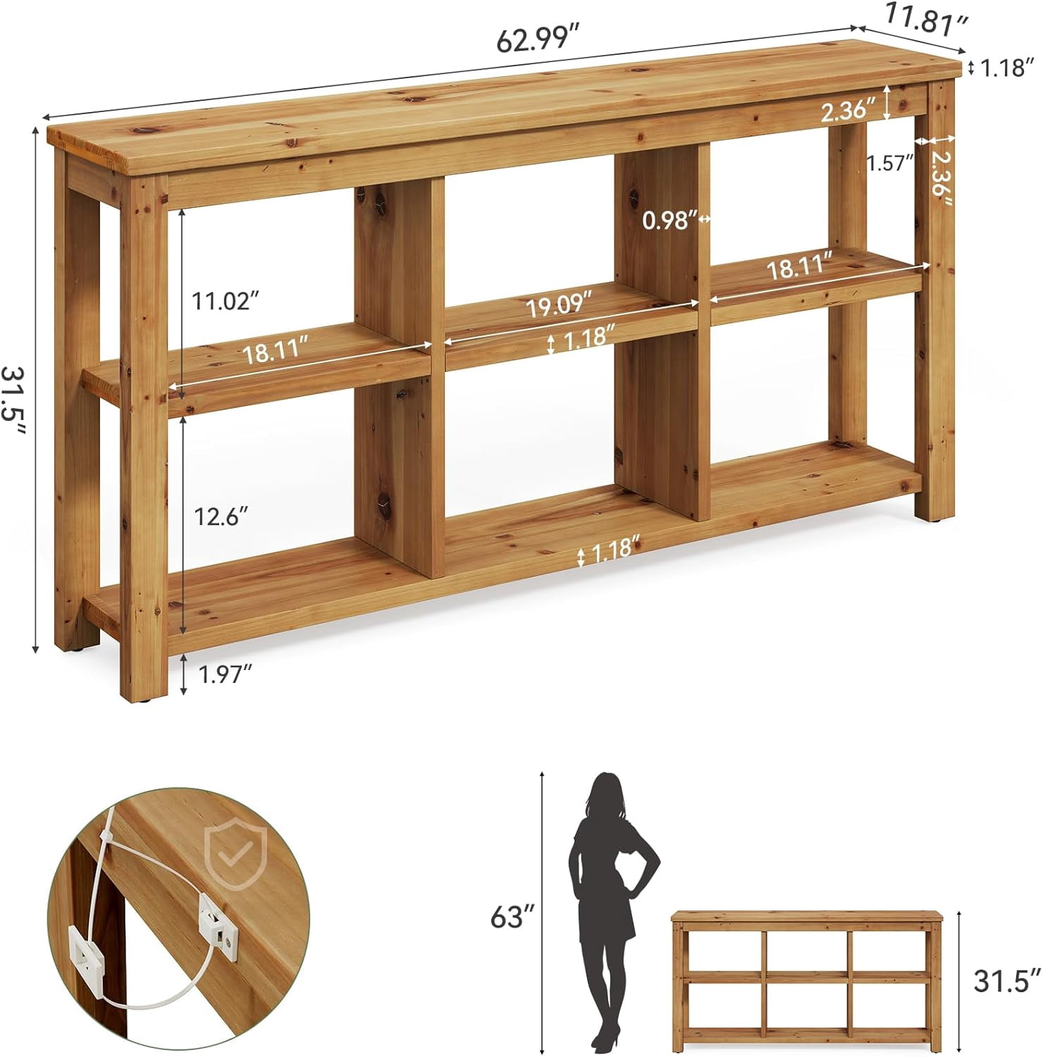 Tribesigns Solid Wood Horizontal Bookcase with Adjustable Shelves, 6 Cubes Storage Organizer Long Bookshelf, Farmhouse Low Cubby Bookcase for Living Room, Home Office, 63 Inches