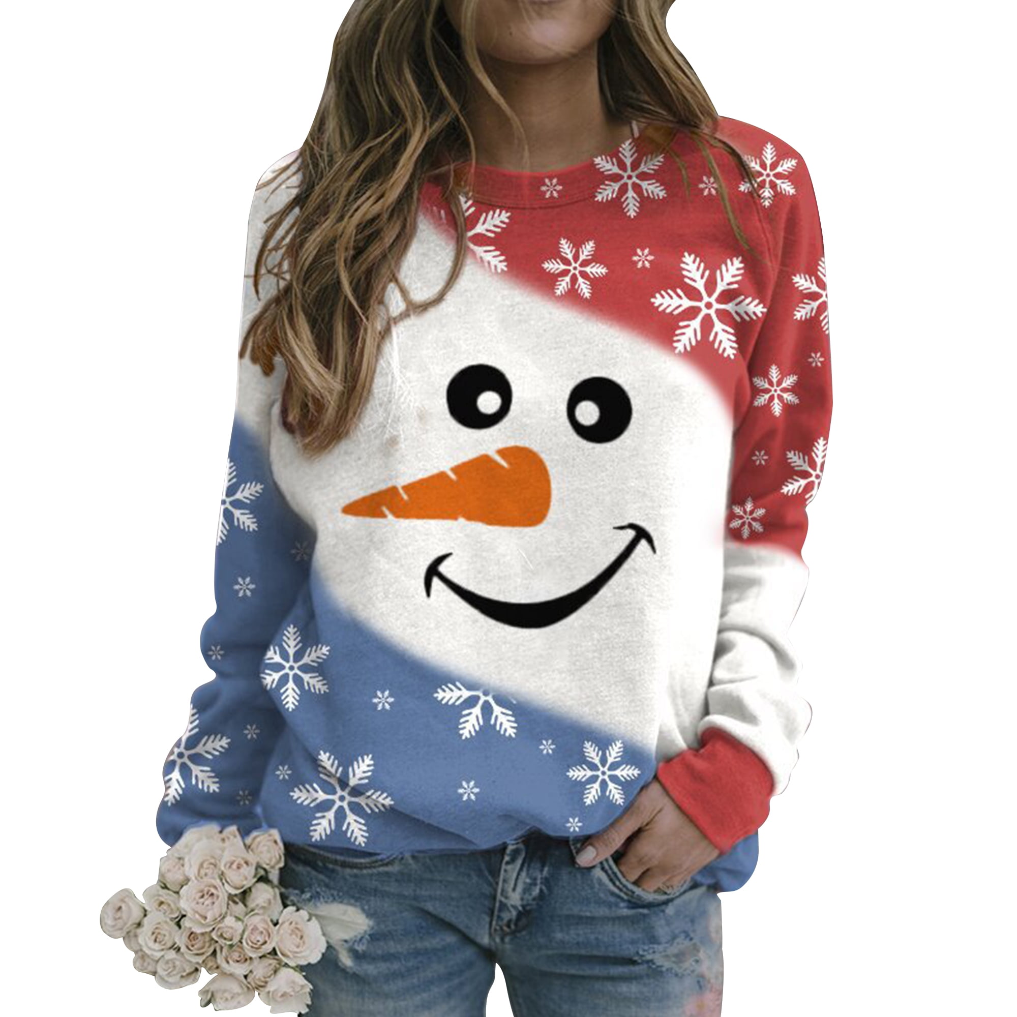 KZKR Christmas Tops for Women Cute Printed Tshirts Long Sleeve Pullover ...