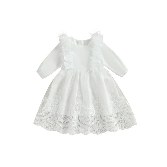 EYIIYE Robe de Fête pour Filles Tout-Petits, Robe à Manches Longues, Robe à Col Rond, Robe de Fée, Patchwork de Plumes, Robe d'Automne, Robe Décontractée Douce et Mignonne