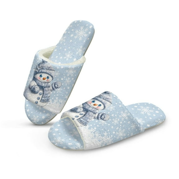 COEQINE Cute Snowman Blue Womens Fuzzy Slippers Christmas House Shoes Open Toe Indoor Slippers Soft Lightweight Quiet Fluffy Slides Machine Washable Footwear for Ladies Her Mom, 36-37