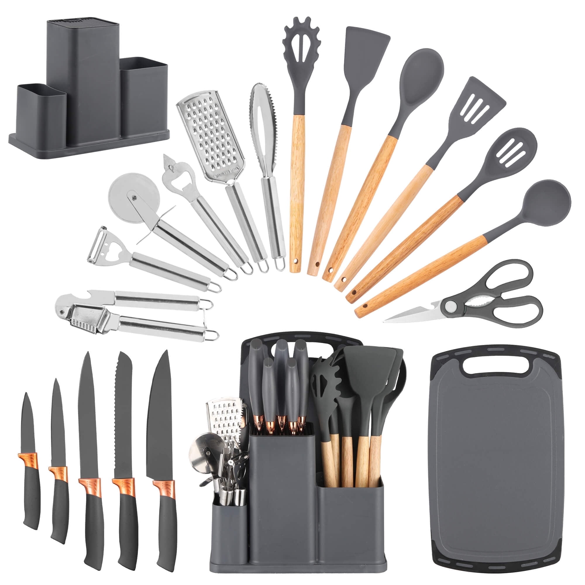 HEESEM 20 Pcs Silicone Stainless Steel Cooking Utensils Set -Multifunctional Kitchen Utensil Set - Gray