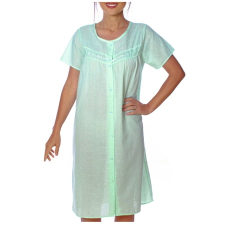 

Women s Floral Cap Sleeves Embroidery Button Eyelet Style Nightgown House Dress 1X Green