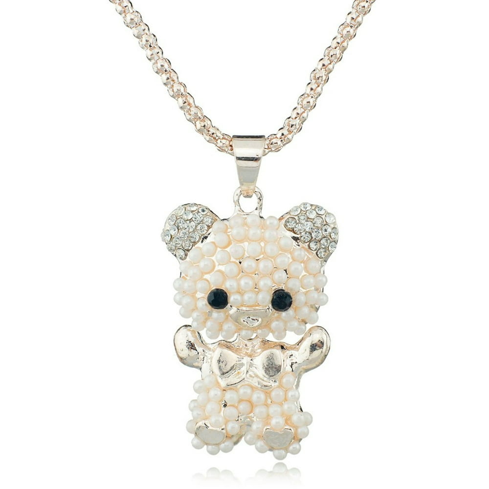 WMW Pearl and Crystal Teddy Bear Necklace Pendant AntiTarnish
