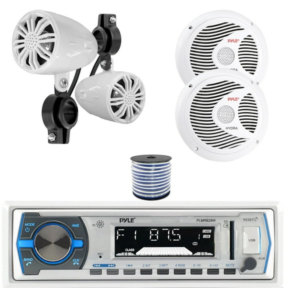 Pyle PLMRB29W Single DIN Bluetooth Marine MP3 In-Dash Stereo White Receiver, 2x 2.25’’ 10W Waterproof Rated Off-Road White Speakers, 2x 6.5'' 150W Peak Power 2-Way Boat White Speakers, Speaker Wire