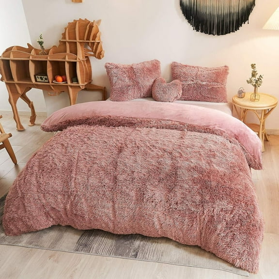 ZZJP Luxury Shaggy Plush Duvet Cover Set, Soft 3 Pieces Fluffy Faux Fur Comforter Cover Set, Fuzzy Velvet Bedding Set Queen Size(1 Furry Duvet Cover 2 Pillow Cases), Zipper Closure(Queen, Old Pink)