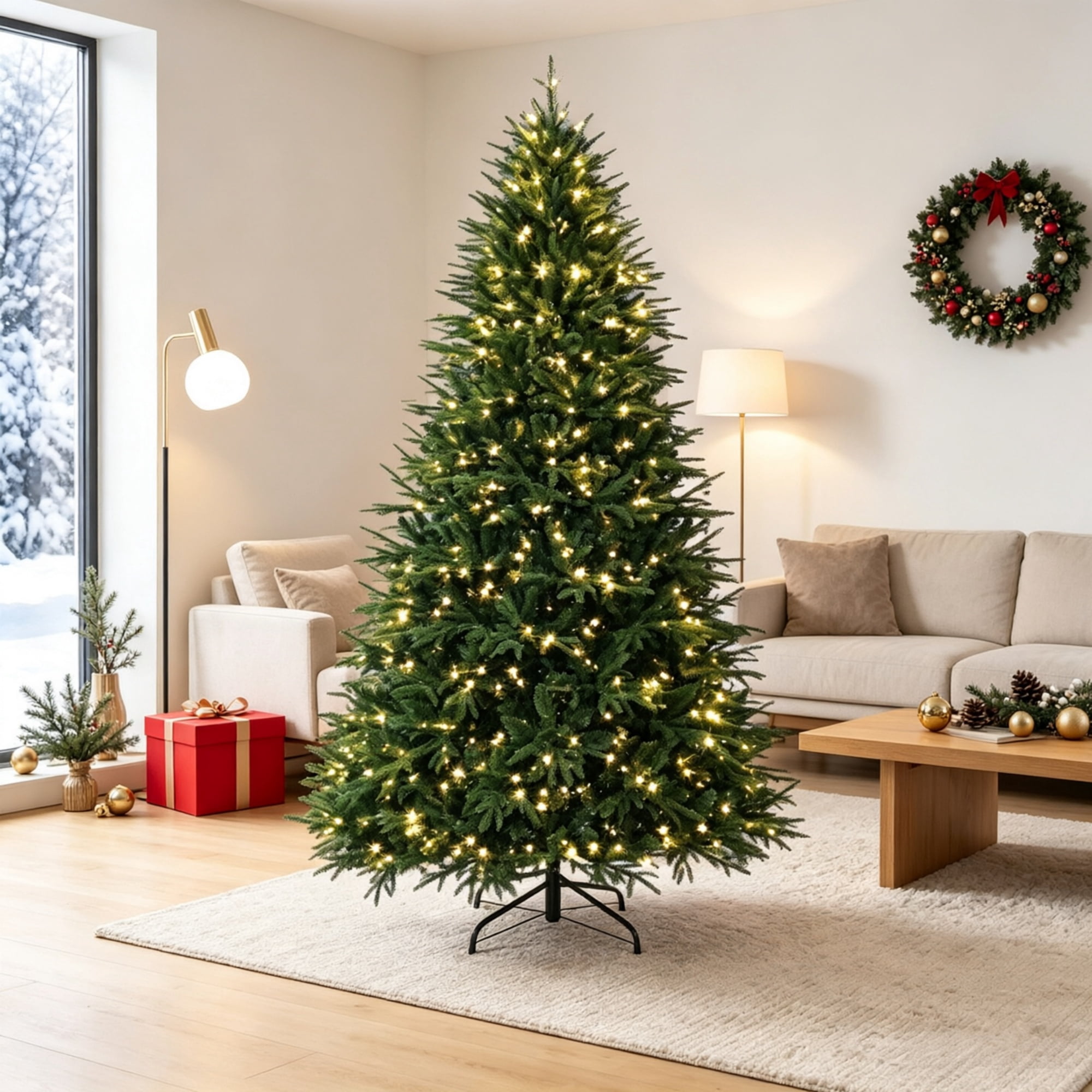 Pre-Lit Artificial Christmas Tree, 7.5 ft, 3719 Branch Tips, 1000 Warm White LED Lights, Hinged Sections, Metal Base