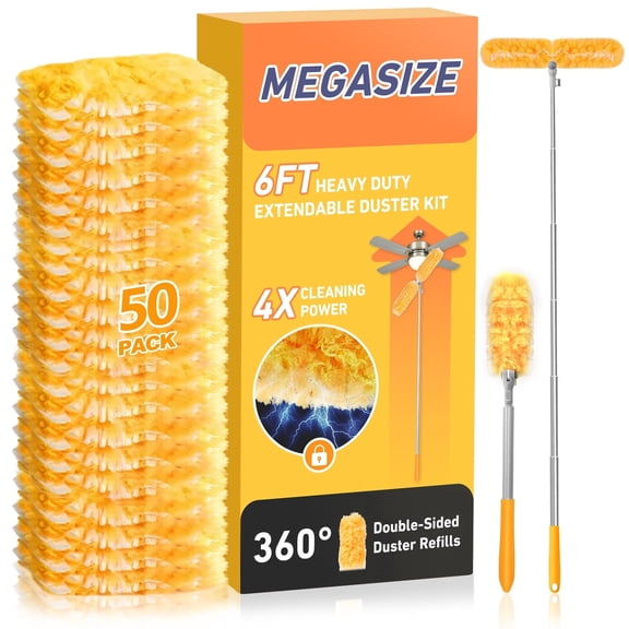 6 ft Heavy Duty Extendable Duster Handle with 50 Refills, 360° Multi-Surface Dusters with 4X Cleaning Power for Home, Ceiling Fans, Windows, Dusting Hard-to-Reach Areas