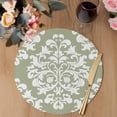 thumbnail image 3 of Baroque Sage Green Round 15 Inch Placemats Set of 2, Vintage Damask Classic Floral HeatResistant Non Slip Place Mats for Dining Table, Wipeable Braided Kitchen Table Mats for Housewarming, 3 of 9