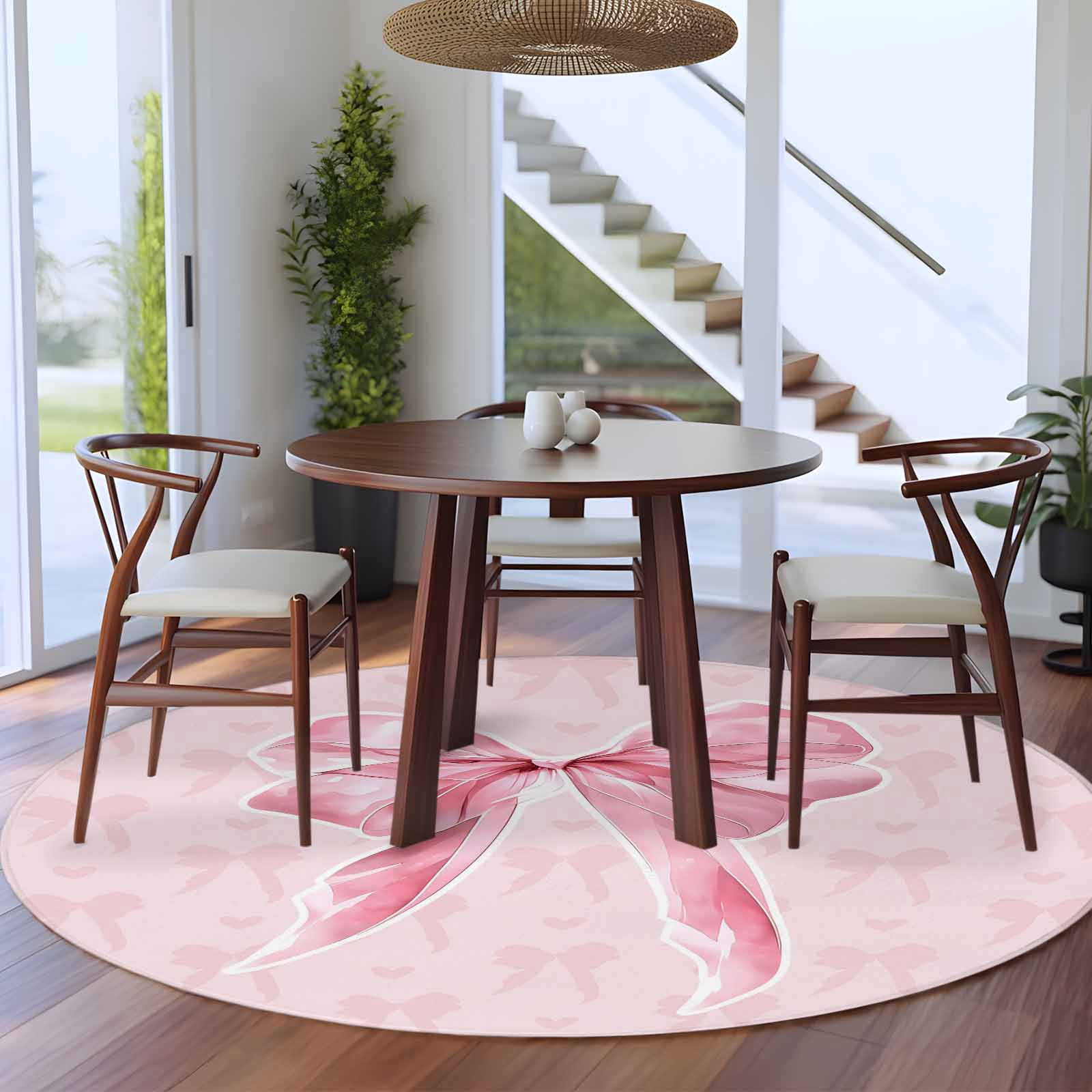 Pink Bow Round Area Rug 7Ft Washable Circle Rugs for Dorm Laundry Room, Cute Watercolor Girls Cartoon Luxury Non-Slip Carpet Floor Mats Indoor Outdoor Carpet Runner Aesthetic Home Decor