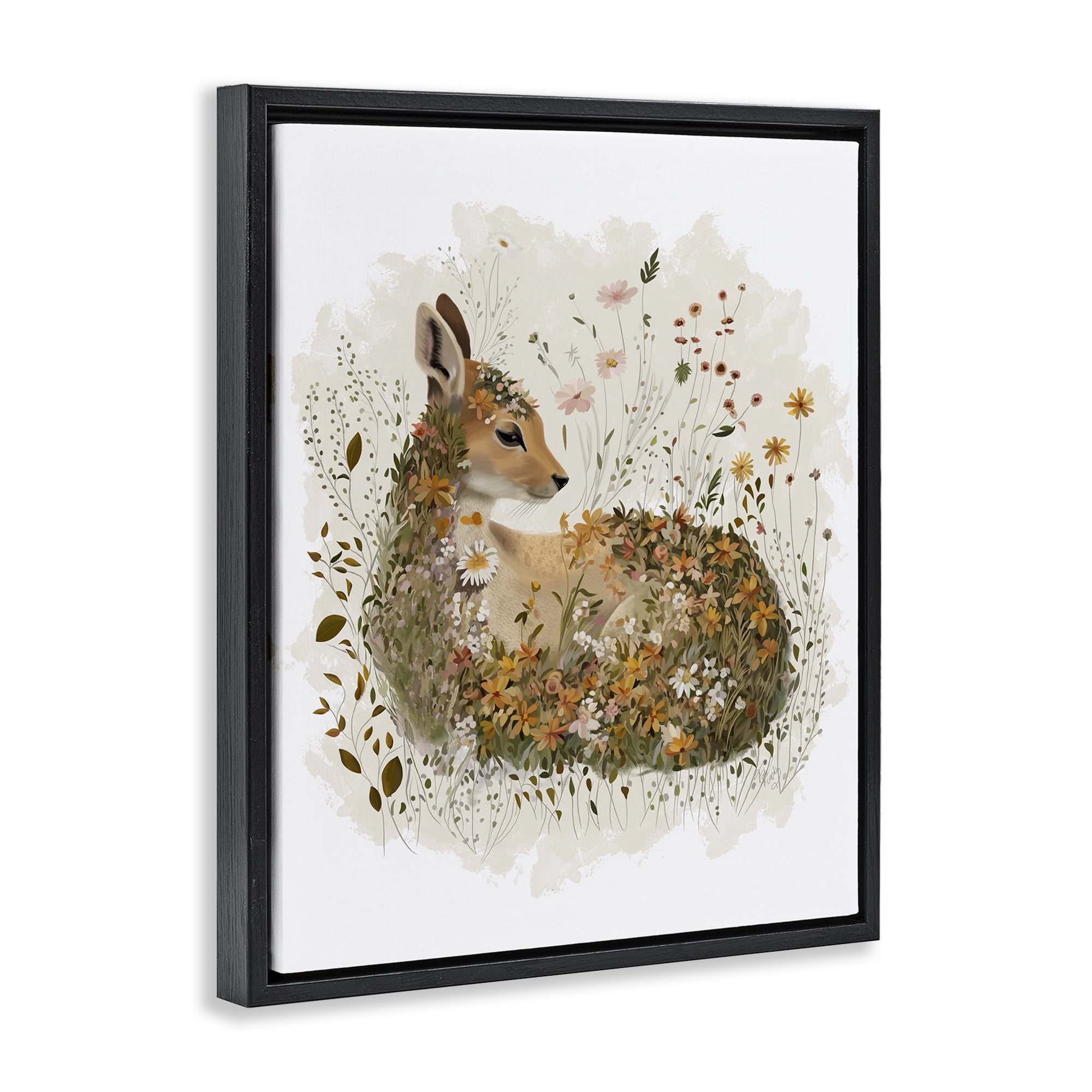 Stupell Industries Daisy & Wildflower Fawn Animals & Insects Painting Black Floater Framed Canvas Art Print Wall Art, 25 x 31