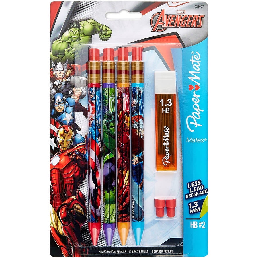 Marvel Avengers Mechanical Pencils Pkg of 4 HB#2 1.3 MM 12 Lead Refills 2 Eraser 