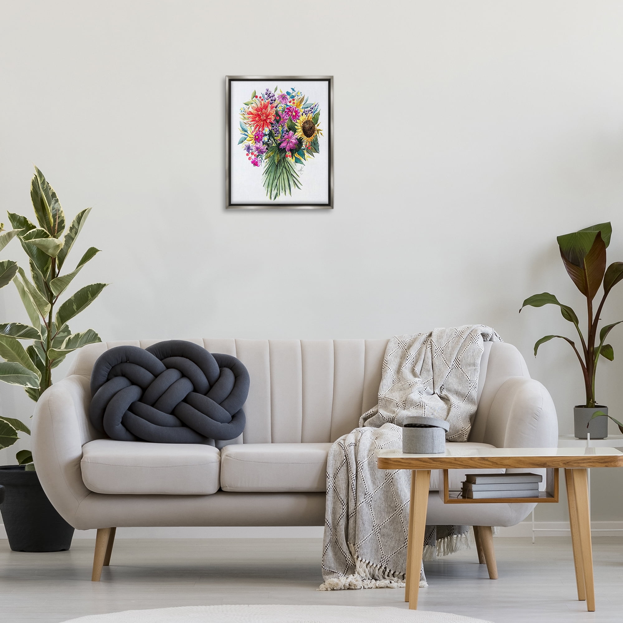 Stupell Industries Bright Wildflower Bouquet Botanical & Floral Painting Gray Floater Framed Art Print Wall Art, 17 x 21