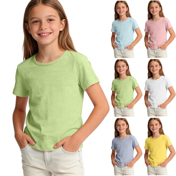 SROBPTY Teen Girls T-Shirts Solid Round Neck Short Sleeve Soft Breathable Slub Fabric Summer Tops for 2-14Y