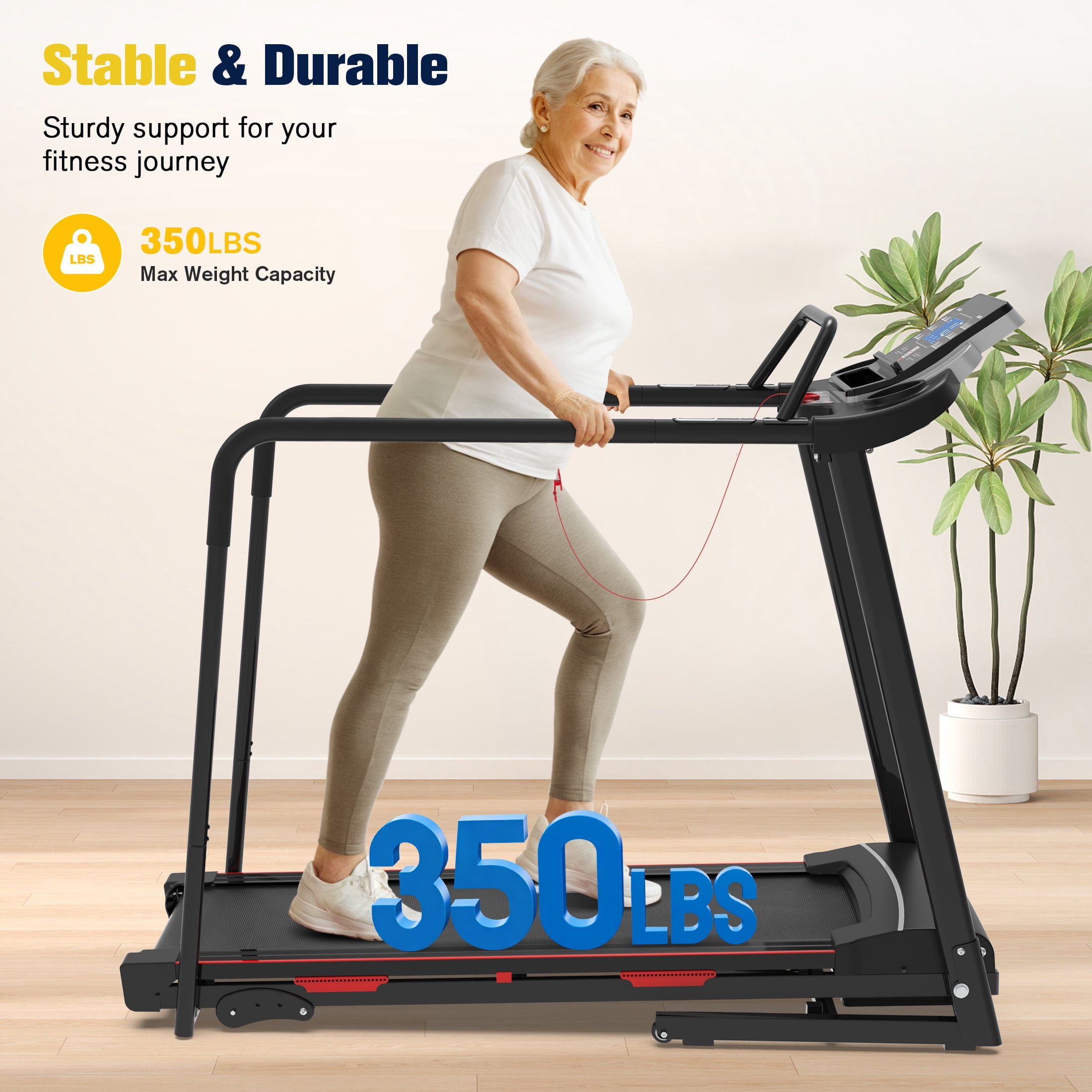 Hapacity Foldable Walking Treadmill for Seniors - 350 LBS Capacity with Front & Long Handrails, 0%-2% Incline for Home Recovery & Fitness