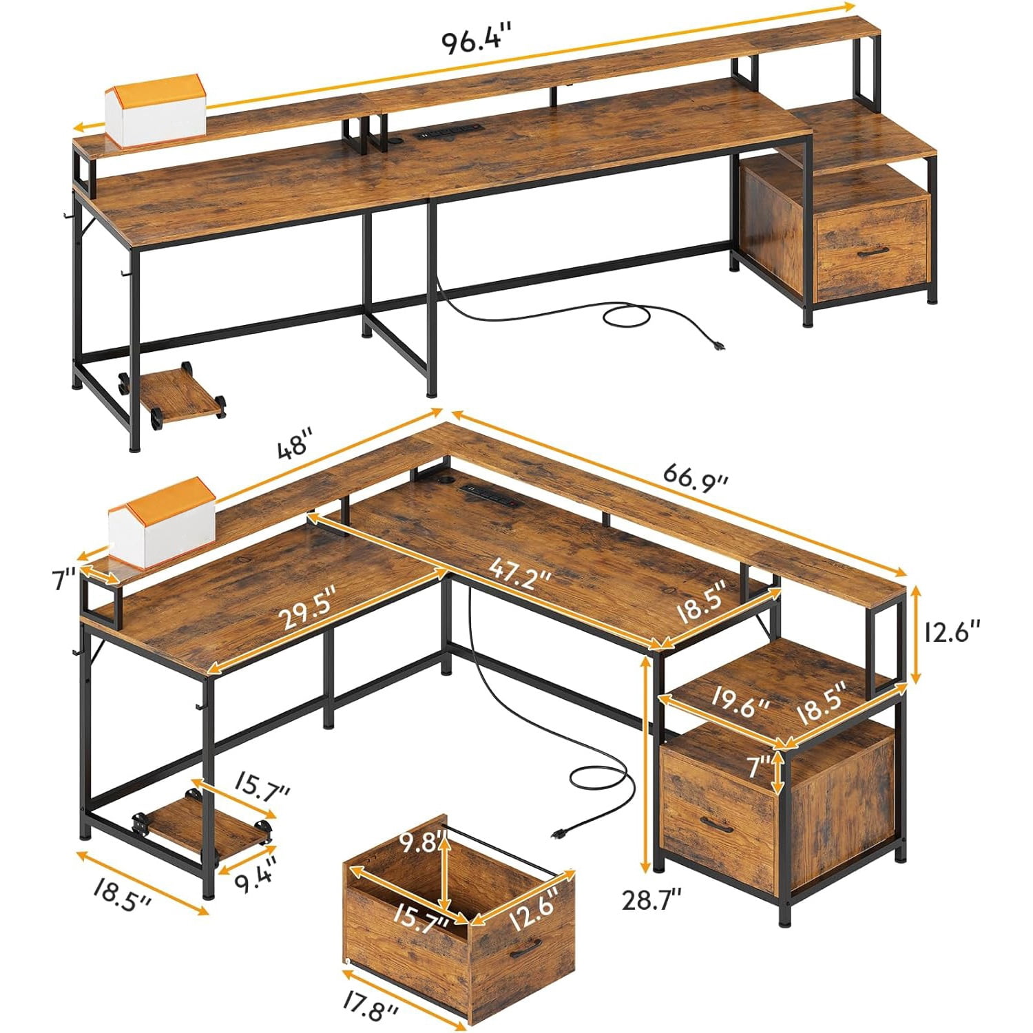 L-Shaped Office Desk with Drawers & Monitor Stand, Reversible Computer Desk with LED Lights & Charging Station, Rustic Brown