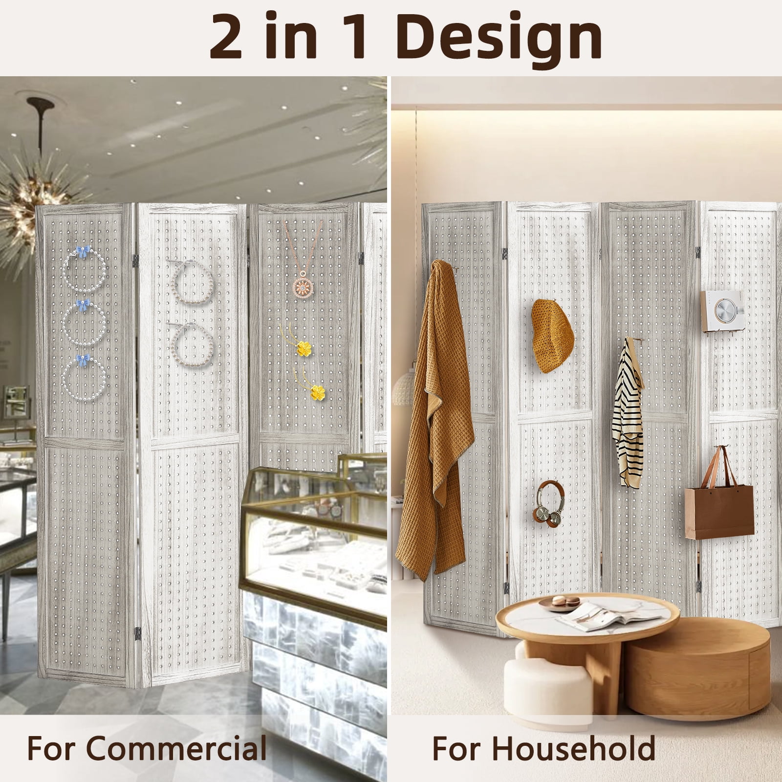 Aletheiawu 4 Panel Display with 16 Hooks, Wood Room Divider Wall, No Installation, Light Brown