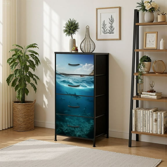 4 Drawer Vertical Storage Dresser Design underwater part with Wood Top Fabric Pull Drawers