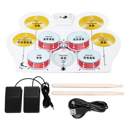 Portable Electronic Drum Set Foldable Roll Up Drum Rechargeable Drum Silicone  Practice Pad Kit with Drumsticks Foot Pedals for Beginners Children