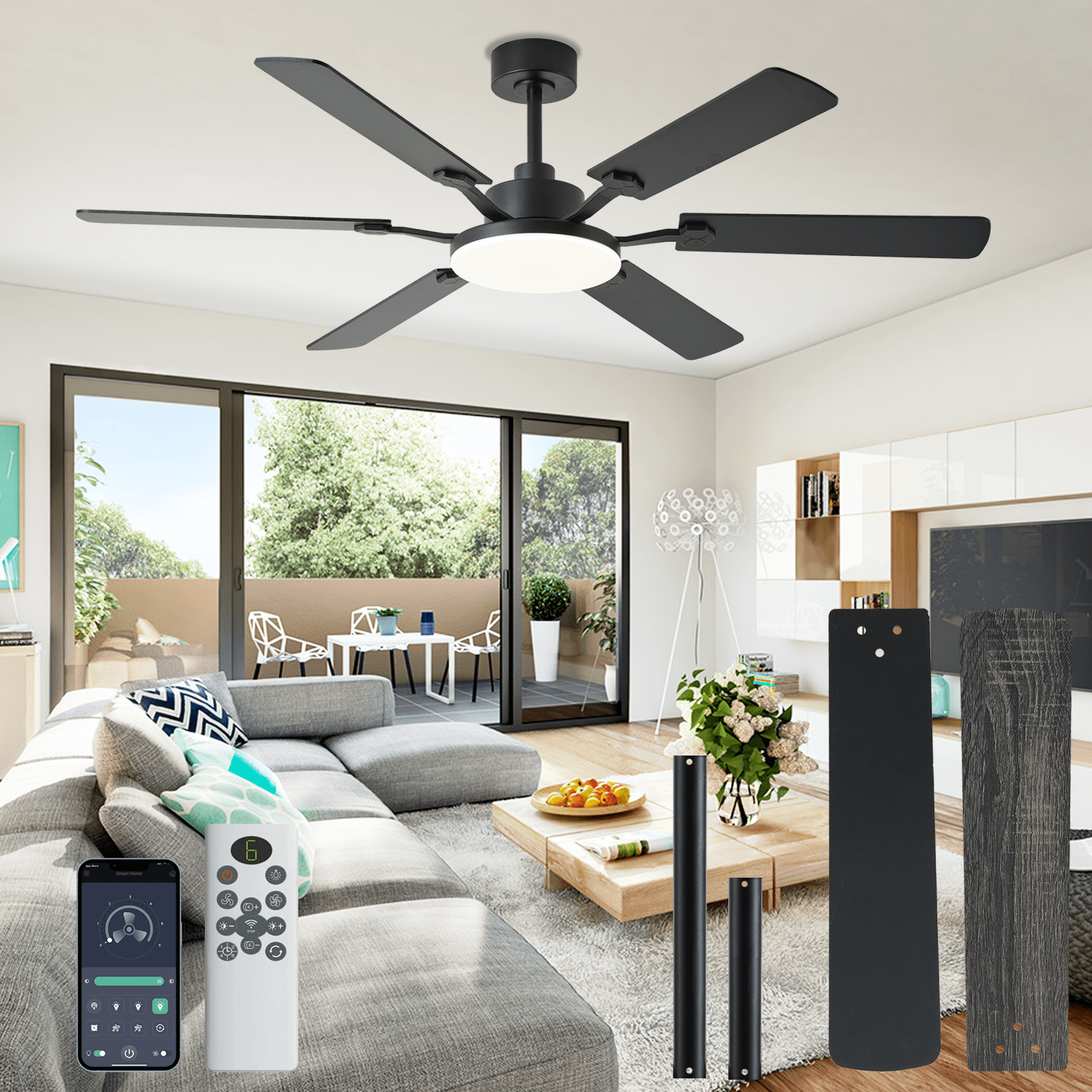 60inch Black Ceiling Fans with Lights and Remote/App Control, Low Profile Ceiling Fan with Light and 6 Double-Side blades, Flush Mount, LED Dimmable DC Reversible Modern Ceiling Fan for Bedroom